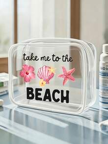 "See You At The Beach" Buchstaben-Muster PVC wasserdichte Strandtasche mit Badeanzug-Muster, PVC Kosmetiktasche, PVC Reiseorganizer-Tasche mit Reißverschlussverschluss - leichte, lichtechte Damen-Kosmetik- und Kulturbeutel, TSA-zugelassene tragbare Kosmetiktasche, leicht zu reinigendes Design, geeignet für Mütter, Lehrer, Freunde, Krankenschwestern Kosmetiktasche, Schulferien Urlaubs- und Schulanfangszubehör Kulturbeutel - Verschiedenfarbig - Übersicht 6