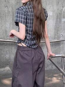 Women's Summer Design Plaid Versatile Casual Shirt - Black and White - View 6
