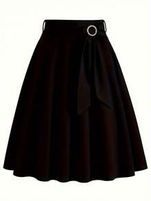 Dress + Solid Color Dress With Front Bow - Black - View 3