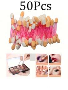 Nail Powder Brush Set, 50pcs Eyeshadow Brushes + 2pcs Nail File Tools Set, Disposable Double-Sided Eyeshadow Sponge Applicator Makeup Brushes, Mirror Effect Pearl Shimmer Pen Brushes - Multicolor - View 4