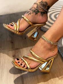 Women's High Heels Square Toe Chunky Mules Sandals Multi-Colored Pyramid Heels With Golden Decorations Glamorous Party High Heels - 金色 - 查看 11