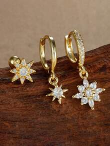 3pcs/Set Boucles d'oreilles pendentif étoile & lune plaquées or 18K, style femme, incrustées de zirconium cubique, boucles d'oreilles à tige en cuivre et acier inoxydable, boucles d'oreilles à vis, bijoux de perçage du cartilage - Ensemble de boucles d'oreilles 3 pièces - Voir 9
