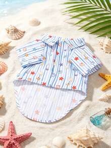 Camisa de verano para mascotas sin estiramiento, de corte ajustado con estampado de estrellas de mar a rayas azules, adecuada para gatitos y perros pequeños para usar en casa o al aire libre en primavera y verano (el producto es un poco pequeño, se recomienda comprar 1-2 tallas talla grande grandes). - Multicolor - Ver 3
