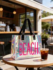 "BEACH" Print Transparent Tote Bag, Colorful Transparent Beach Bag, Large Waterproof PVC Swimming Bag, Portable Transparent Travel Shoulder Bag, Lightweight Durable Pool Bag, Fashion Transparent Handbag Suitable For Beach Vacation, Swimming, Sports Training, Fitness, Travel, Daily Outings, Shopping, Mother's Day, Birthday, Anniversary, Party Gift For Women, Girls, Moms, Friends, Summer Essential - Multicolor - View 4