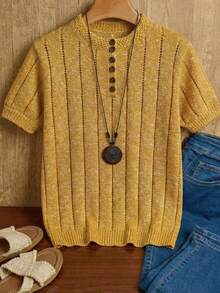 Women's Warm Yellow Short Sleeve Sweater, Cable Knit Pullover, Regular Length Knit Top, Ribbed Hem, Slightly Stretchy, Comfortable To Wear, Vintage Style, Suitable For Summer, Autumn - Yellow - View 1
