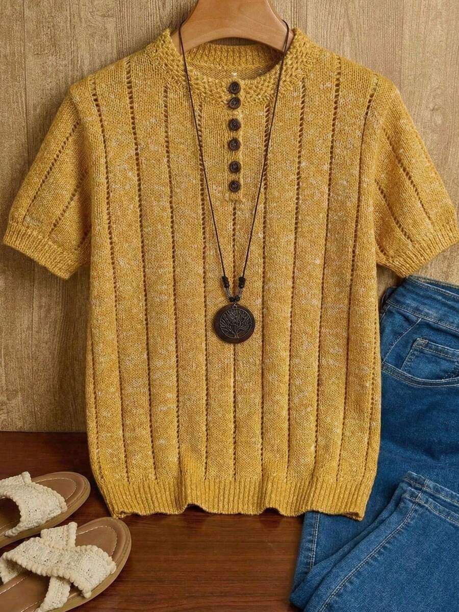 Women's Warm Yellow Short Sleeve Sweater, Cable Knit Pullover, Regular Length Knit Top, Ribbed Hem, Slightly Stretchy, Comfortable To Wear, Vintage Style, Suitable For Summer, Autumn - Yellow - View 1