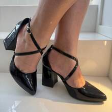 Women's High Heel Pump With Crossed Straps, 8 Cm Thick Heel, Elegant Shine, Original Show Show - 黑色清漆 - 查看 3