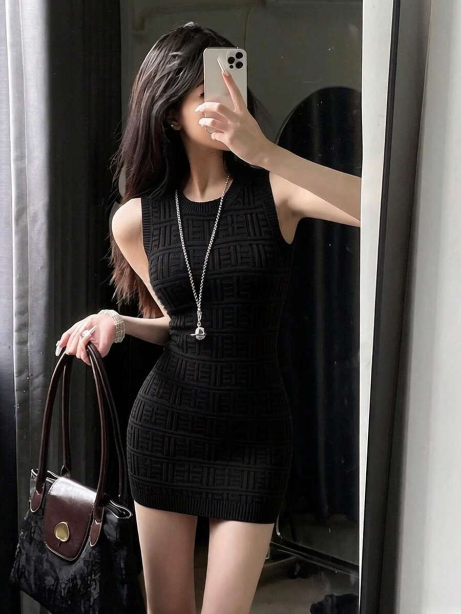 Fitted Bodycon Sexy Revealing Figure Elegant Lady Sleeveless Black Sweater Dress, Suitable For Summer, Spring & Autumn - Black - View 1
