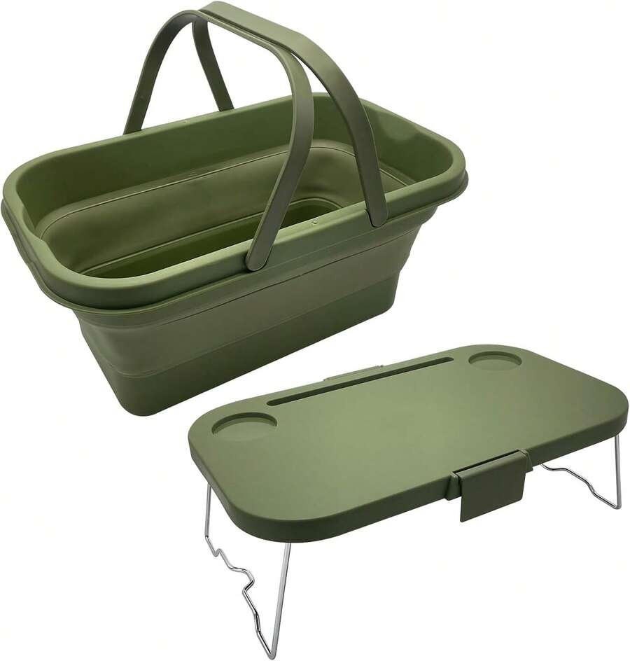 Cesta de picnic plegable, cesta de camping plegable de gran capacidad, incluye mesa y organizador para el coche, se puede usar con una cubitera, ideal para acampar, guardar cosas en el coche, organizar el hogar, etc. Color verde oscuro. - verde oscuro - Ver 1