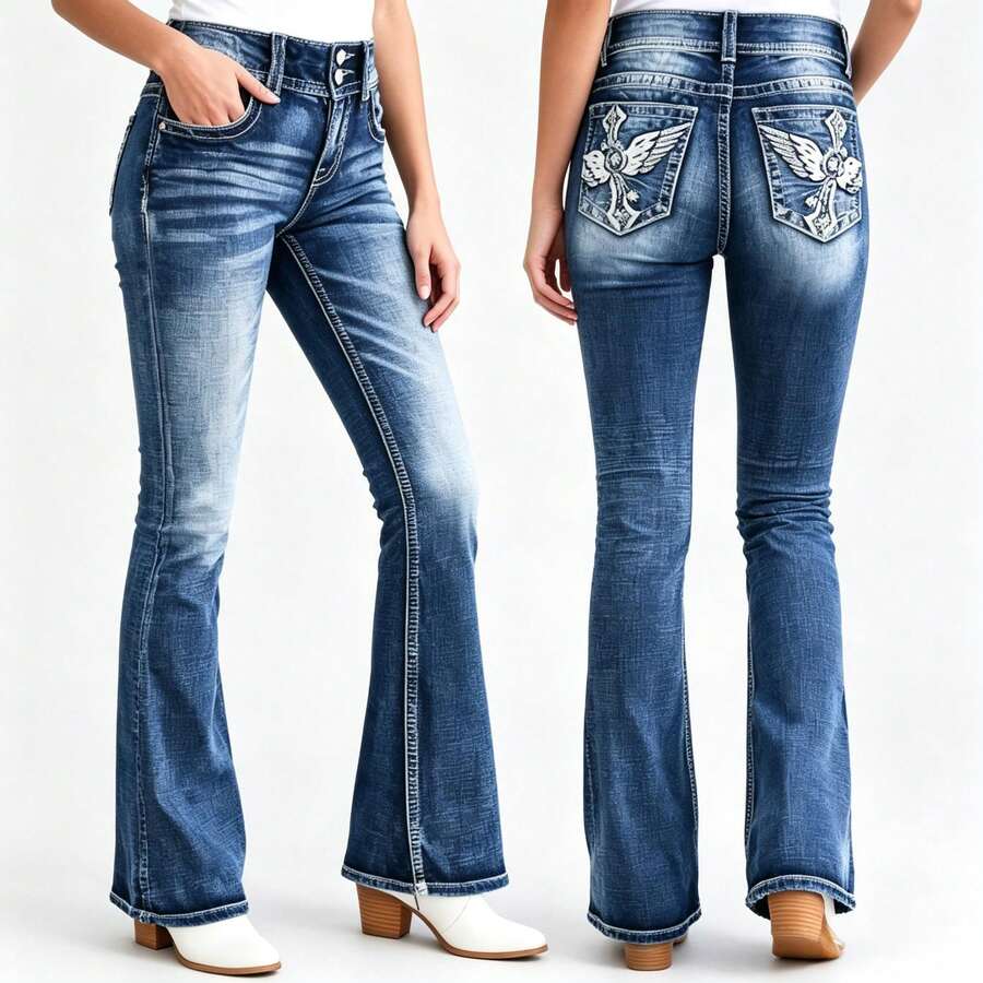 Women Double Button High Rise Gradient Whisker Wash Flare Bootcut Jeans - Blue - View 1