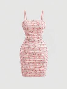 MOD Vestido de tirantes de espagueti con volantes y malla con estampado floral - Rosa - Ver 1