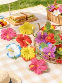 1/10/20pcs Artificial Hibiscus Flowers, Vibrant Colors, Polyester Faux Tropical Hawaiian Decor, Jungle Beach Theme, Fake Leaves For Table Centerpieces, Suitable For DIY Crafts, Weddings, Parties, Home & Event Decoration, Artificial Tropical Flowers - Multicolor - View 3