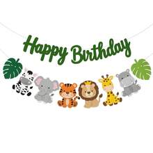Dschungel Safari Tier Happy Birthday Filz Banner, Tropisches Blatt Zebra Elefant Tiger Löwe Giraffe Nilpferd Hängende Zugflagge, Wildtier Thema Geburtstag Babyparty Wandhintergrund Partydekoration Zubehör, Süßes Geschenk, Wild One Geburtstag Hängedekoration, 2D flach - A - Übersicht 5