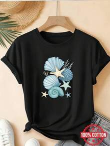T-shirt da donna con motivo conchiglie e stelle marine – Souvenir per una vacanza al mare, regalo estivo per gli amanti del mare, in cotone. - nero - Visualizzare 1