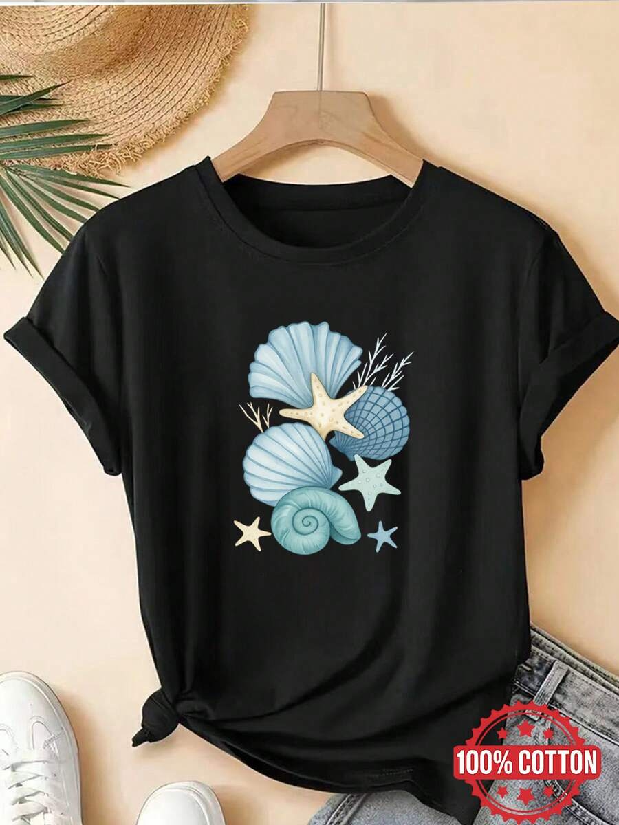 T-shirt da donna con motivo conchiglie e stelle marine – Souvenir per una vacanza al mare, regalo estivo per gli amanti del mare, in cotone. - nero - Visualizzare 1