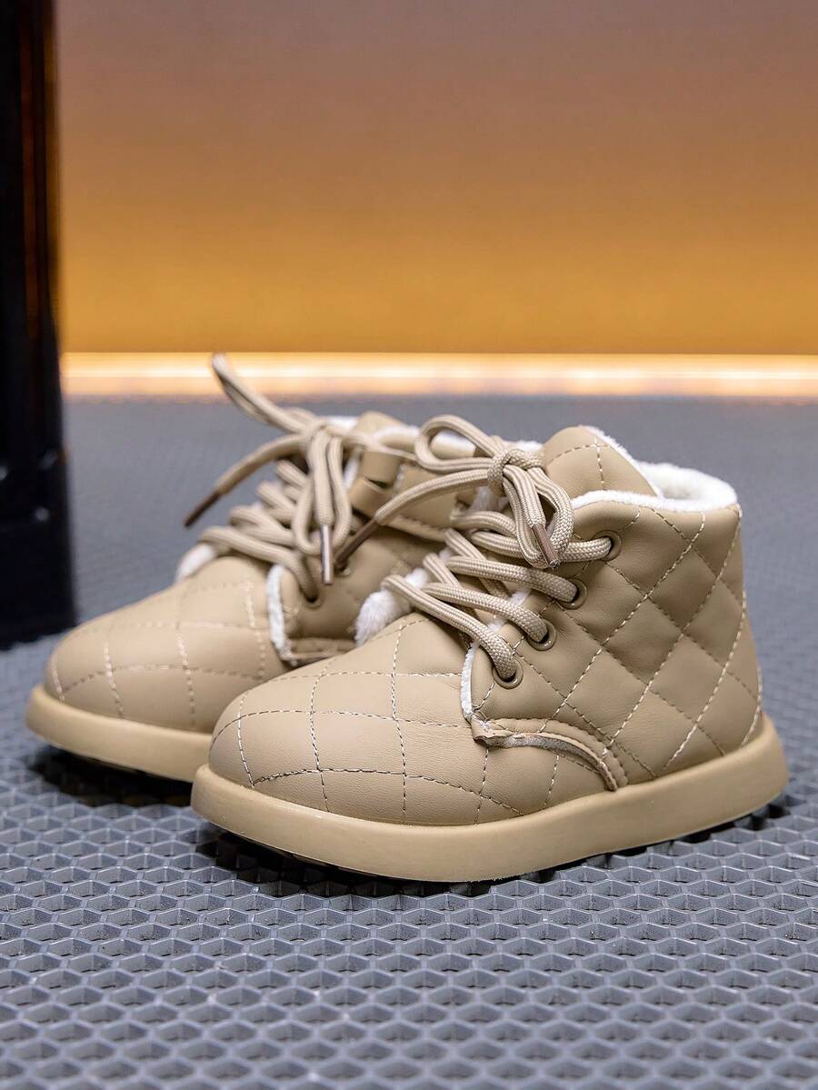 1 Pair Kids' Autumn/Winter Diamond Quilted Thermal Lined Ankle Boots, Soft Sole Anti-Slip Warm Lace-Up Snow Boots For Boys And Girls - Khaki - View 1