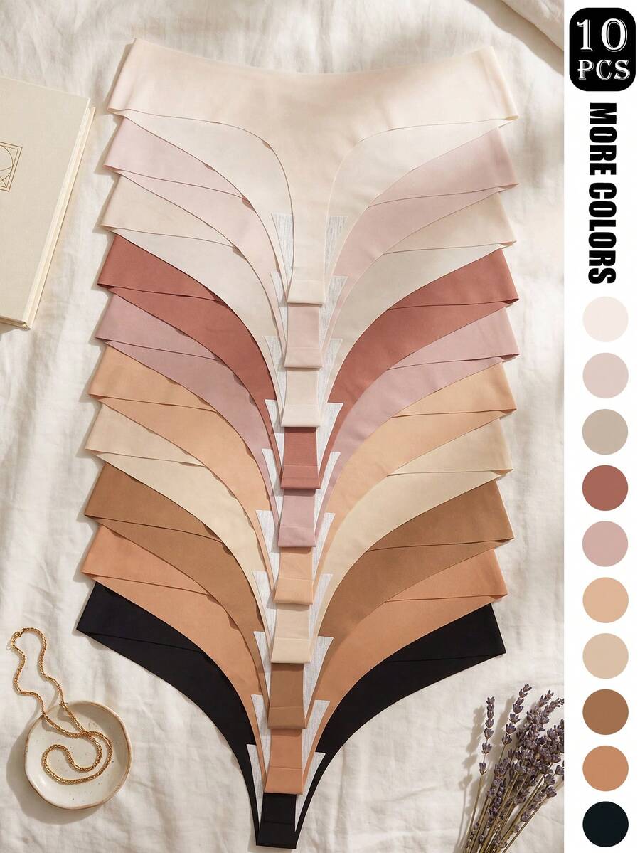 GYEY 10pcs Seamless Women's Thongs Maillard Color Palette - Soft Comfortable Nylon Blend Underwear, Brown And Purple Multiple Shades, Low Waist, Elastic Fit, Opaque, Comfortable Underwear|Minimalist Style|Elastic Nylon Blend - Multicolor - View 1