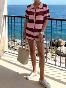 Sookaug Fashion Crochet Collared Short Sleeve Loose Top & High Waist Shorts Set, 2026 New Arrival, Women's Casual Pink & Brown Striped Cropped Crochet Top With Collar, Matching Knit Shorts, Suitable For Summer Beach Wear - Multicolor - View 10