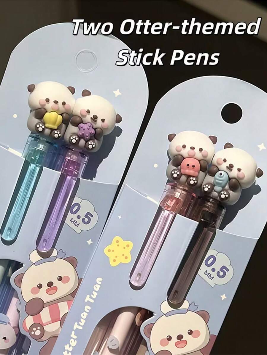 4pcs Cute Sea Otter Clickable Gel Pens, Style A & Style B, Healing Ocean Theme, 0.5mm Black Smooth Ink, 3D Sea Otter Pen Tip, Double-Sided Cute Sea Otter Design, Student Classroom Notes & Homework Writing Stationery, Cartoon Style Cute Creative Gel Pens - Default - View 1