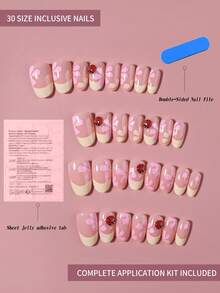 30pcs Short Almond Press-On Nails, 3D Gel Ladybug And Floral Pattern Design, Set Includes: 1pc Jelly Glue And 1pc Nail File. Summer Nail Art. - Multicolor - View 2