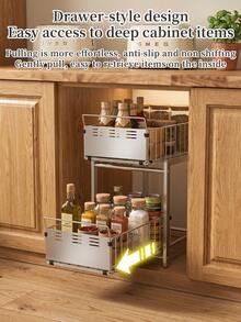 2-Tier Pull Out Cabinet Organizer,Rustproof Stainless Steel Sliding Spice Storage Rack,Space Saving Under Sink Pantry Organizer For Spices,Oil Bottles,Canned Food&Kitchen Accessories,Easy Install For Pantry,Countertop&Under Sink Kitchen Organization - Multicolor - View 12