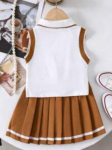 Atasan Tank Top dan Rok Lipit dengan Motif Huruf dan Trim Kontras untuk Anak Perempuan - Putih - View 3