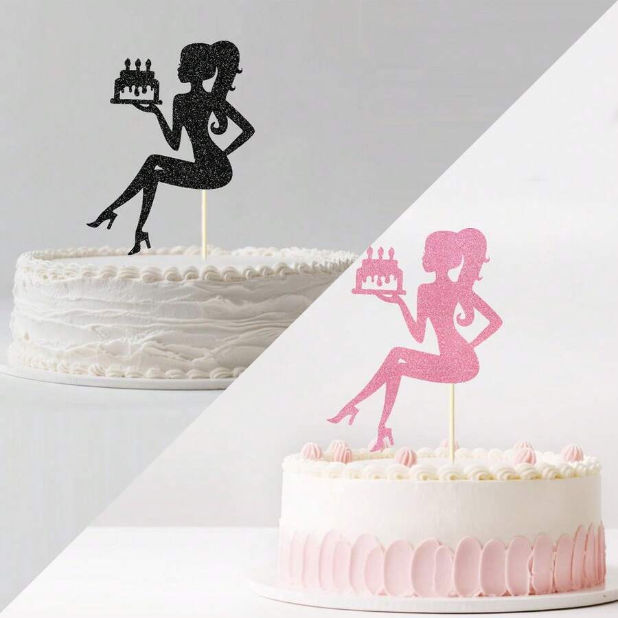 Black & Pink Glitter High Heel Shoes Women's Cake Topper, Elegant Sitting Silhouette Holding Birthday Cake, Bachelorette Party, Bridal Shower, Birthday Party Cake Decoration Supplies - View 1