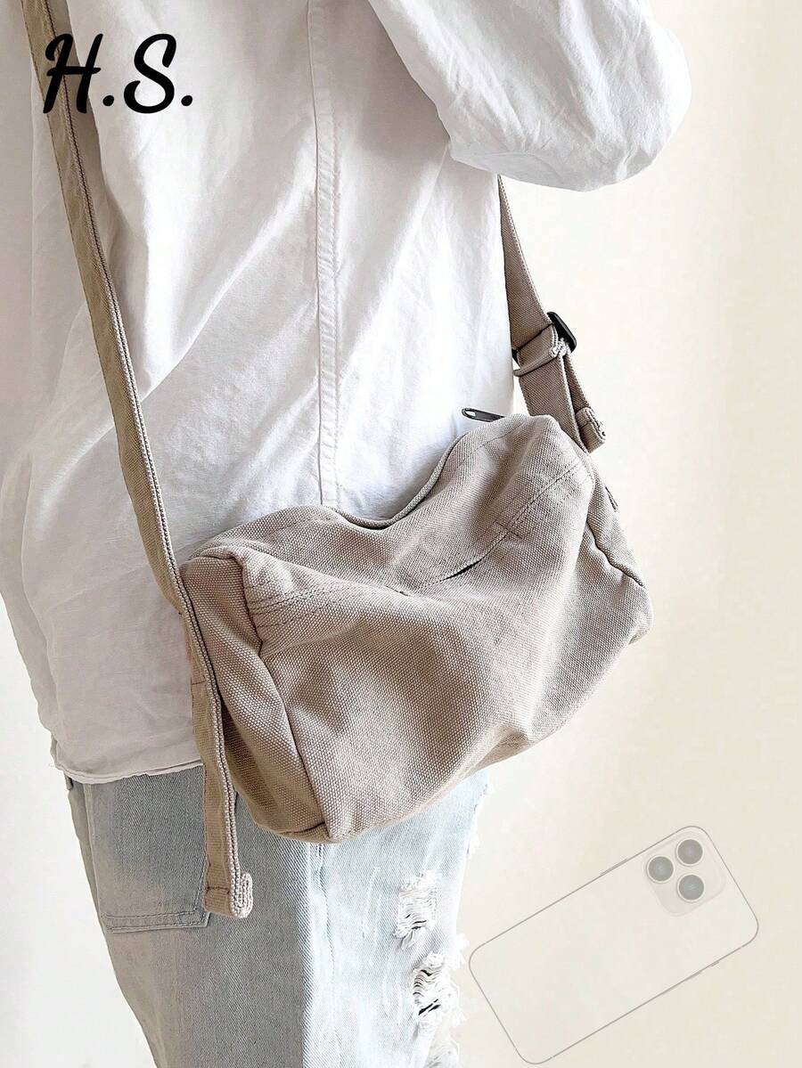 1pc Light Gray Mini Fashion Canvas Bag, Lightweight Foldable Crossbody Small Square Bag, Zipper Closure Portable Small Cloth Bag, Suitable For Daily Shopping, Work Commute, College Style Student Shoulder Bag, Phone Bag With Front Pocket For Keys - Light Grey - View 1