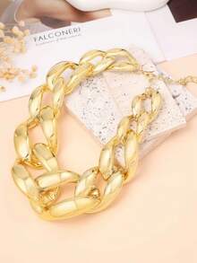 1pc Exaggerated Large Metal Clasp Punk Style Geometric Chunky Chain Necklace, Fashion Jewelry - Gold - View 10