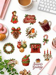 50 piezas de elegantes calcomanías navideñas, ilustraciones de Papá Noel vintage dibujadas a mano, pájaro petirrojo, oso polar y chimenea, pegatinas decorativas impermeables para personalizar fundas de teléfono, papelería y accesorios de cajas de regalo navideñas - Multicolor - Ver 1