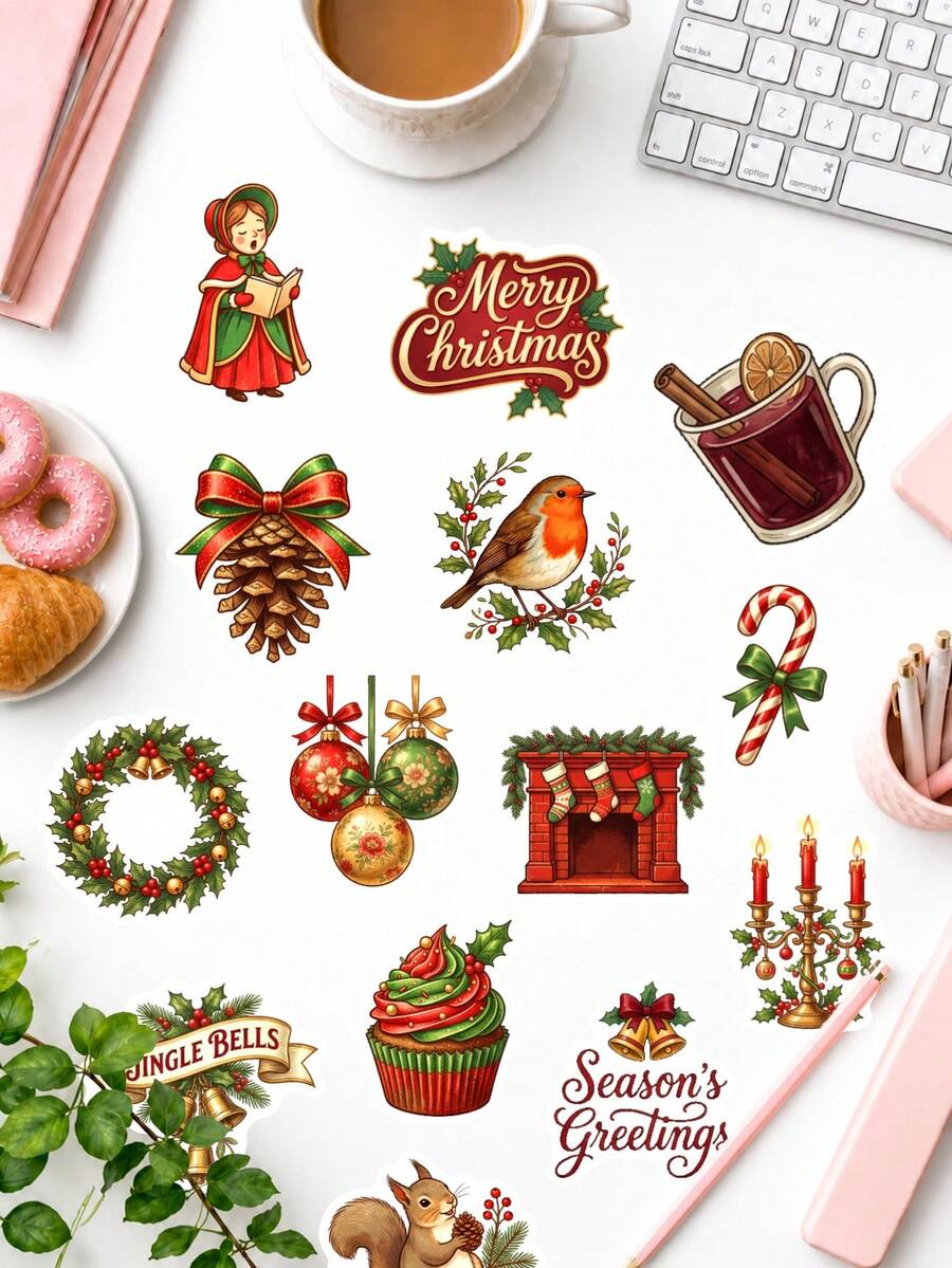 50 piezas de elegantes calcomanías navideñas, ilustraciones de Papá Noel vintage dibujadas a mano, pájaro petirrojo, oso polar y chimenea, pegatinas decorativas impermeables para personalizar fundas de teléfono, papelería y accesorios de cajas de regalo navideñas - Multicolor - Ver 1