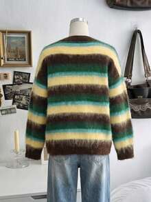 Women Fuzzy Multicolor Striped Crew Neck Sweater, Drop‑Shoulder Long Sleeve Oversized Loose Knit Pullover, Casual Fall Daily Top Vacation - Multicolor - View 5