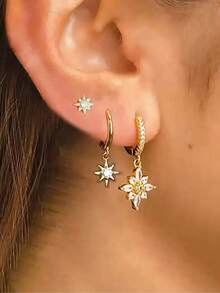 3pcs/Set Boucles d'oreilles pendentif étoile & lune plaquées or 18K, style femme, incrustées de zirconium cubique, boucles d'oreilles à tige en cuivre et acier inoxydable, boucles d'oreilles à vis, bijoux de perçage du cartilage - Ensemble de boucles d'oreilles 3 pièces - Voir 2