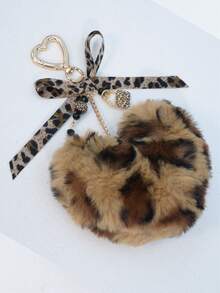 Leopard Print Bow Keychain For Women's Bags, Leopard Print Beads Minimalist Pendant, Leopard Print Heart Fluffy Keychain - Mocha Brown - View 4