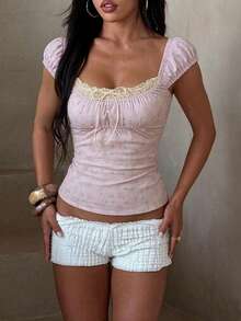 Tops básicos con escote cuadrado y fruncido para mujer, de verano - Rosa - Ver 2