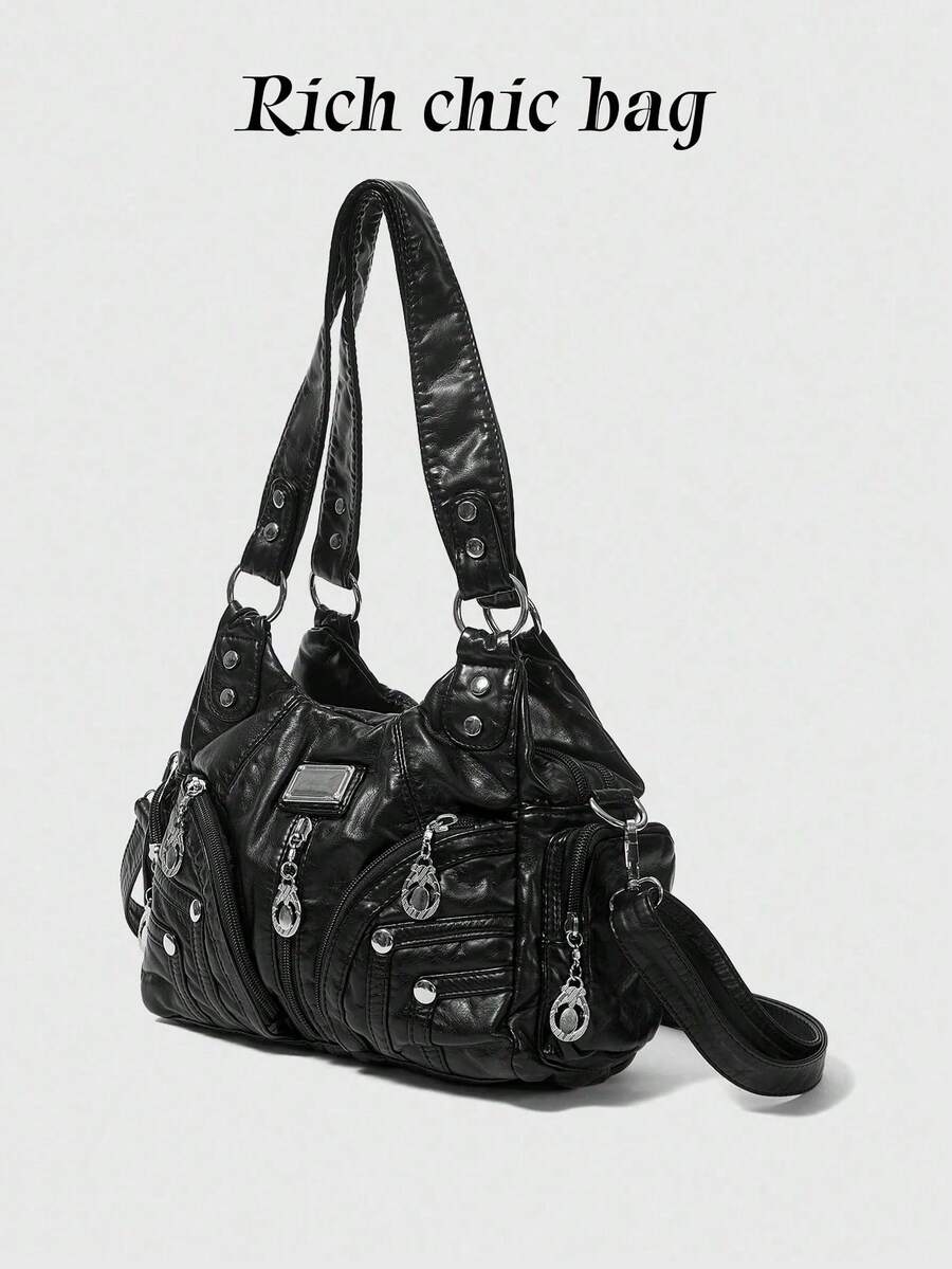 2026 New Black Punk Style Fashionable Women's Stray Bag With One Shoulder, Cross Shoulder, And Cross Shoulder Handbag, - 黑色 - 查看 1