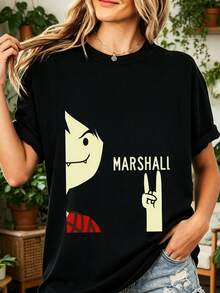 Women's Black T-Shirt - Marshalll Leeee Adventure Times Design - Retro Anime Casual Top - 黑色 - 查看 1