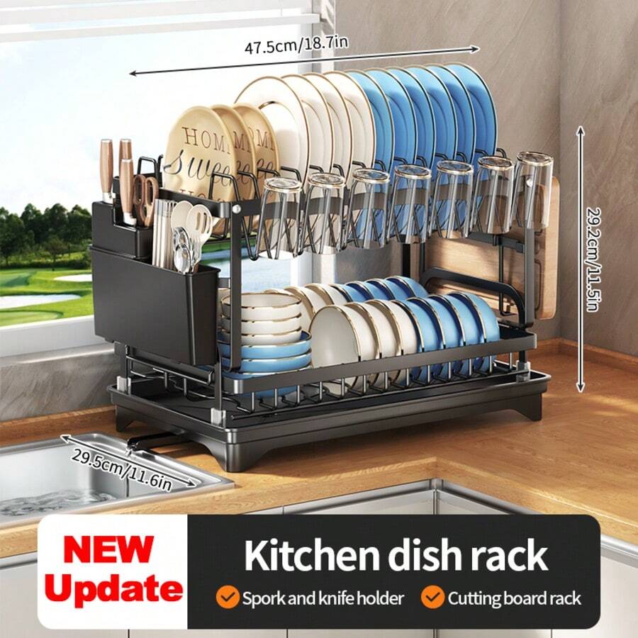 Kusuxva This Double-Layer Metal Kitchen Countertop Dish Rack Is Space-Saving And Durable. It Comes With A Knife And Fork Holder, Cup Holder, Cutting Board Holder, And Rust-Proof Drain Tray. Kitchen Storage Items Help You Keep Your Kitchen Neat And Organized. - Black - View 1