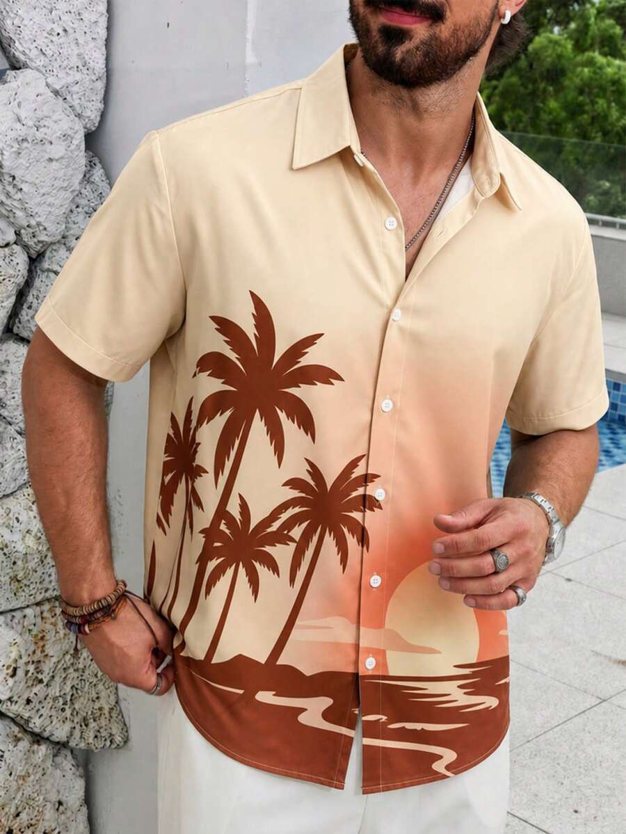 加大码男士短袖夏威夷衬衫,椰树沙滩日落印花,宽松休闲海滩度假翻领上衣,夏季 - 杏色 - 查看 1