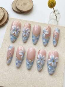 10 PCS Handmade Medium Almond Press On Nails, 3D White Floral & Leopard Print French Tip With Nail Charms, Removable Reusable Nail Supplies Set (Jelly & Nail File Incl.) - Baby Blue - View 3