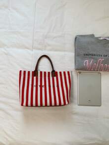 Nuevo bolso de mano con decoración de letras y rayas de gran capacidad, bolso tote multifuncional para el trabajo con asas dobles para mujeres, adecuado para ir al trabajo, vacaciones en la playa - Rojo - Ver 9