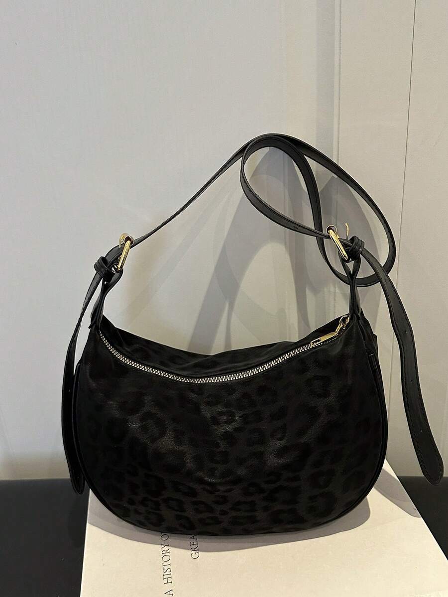 Sac fourre-tout pour femmes, sac à bandoulière en PU, sac de selle de couleur unie, sac de transport quotidien pour femmes, bandoulière réglable - Noir - Voir 1