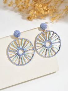 1 Pair Bohemian Vacation Style Handmade Raffia Geometric Hollow Large Hoop Earrings, Summer Fresh Sweet INS Style Versatile Raffia Textured Hollow Hoop Earrings, Mother's Day, Wedding Season Bride Bridesmaid, Valentine's Day Gift For Friends And Lovers, Suitable For Women's Daily Vacation Party Wear - Blue - View 3