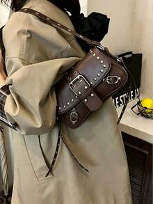 Vintage Punk Silver Rivet & Multi Buckle Saddle Crossbody Bag, Wide Eyelet Strap Faux Leather Motorcycle Shoulder Purse, Y2K Streetwear Small Handbag - Coffee - View 4