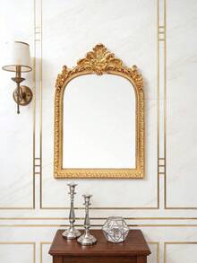1pc Classical Baroque Arched Carved Mirror, High-End Home Living Room Bedroom Desktop Photo Frame Decorative Ornament - Multicolor - View 3