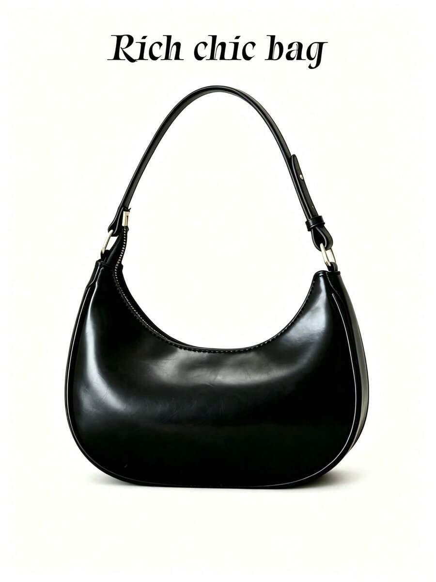 2026 New Fashionable And Simple Crescent-Shaped Bright Surface Shoulder Bag,.[US-Based Shipping] With A Distinctive Texture And Classic Look. - 黑色 - 查看 1
