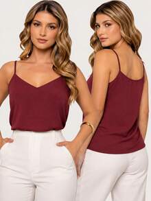 Thin-Strapped Tank Top. Polyester With Adjustable Straps. Available In Sizes V, S To XL. Perfect For Everyday Travel, Vacation, Home, And Summer. - Burgundy - View 1