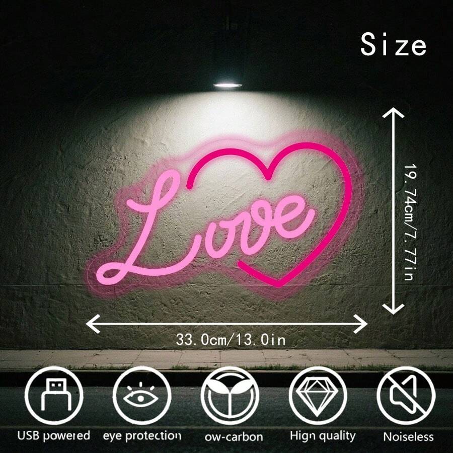 1 pieza Luz de Neón LED Romántica LOVE, Alimentada por USB, Corazón Montado en la Pared, Decoración Multiusos, Adecuada para Habitación, Fiesta, Boda, Bar - rosa - Ver 1