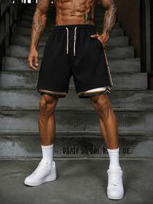 Vintage Colorful Striped Casual Shorts, Multi-Layer Ribbed Hem Side Button Loose Daily Shorts - Black - View 2