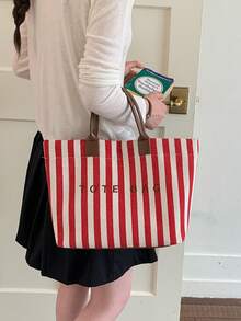 Nuevo bolso de mano con decoración de letras y rayas de gran capacidad, bolso tote multifuncional para el trabajo con asas dobles para mujeres, adecuado para ir al trabajo, vacaciones en la playa - Rojo - Ver 4